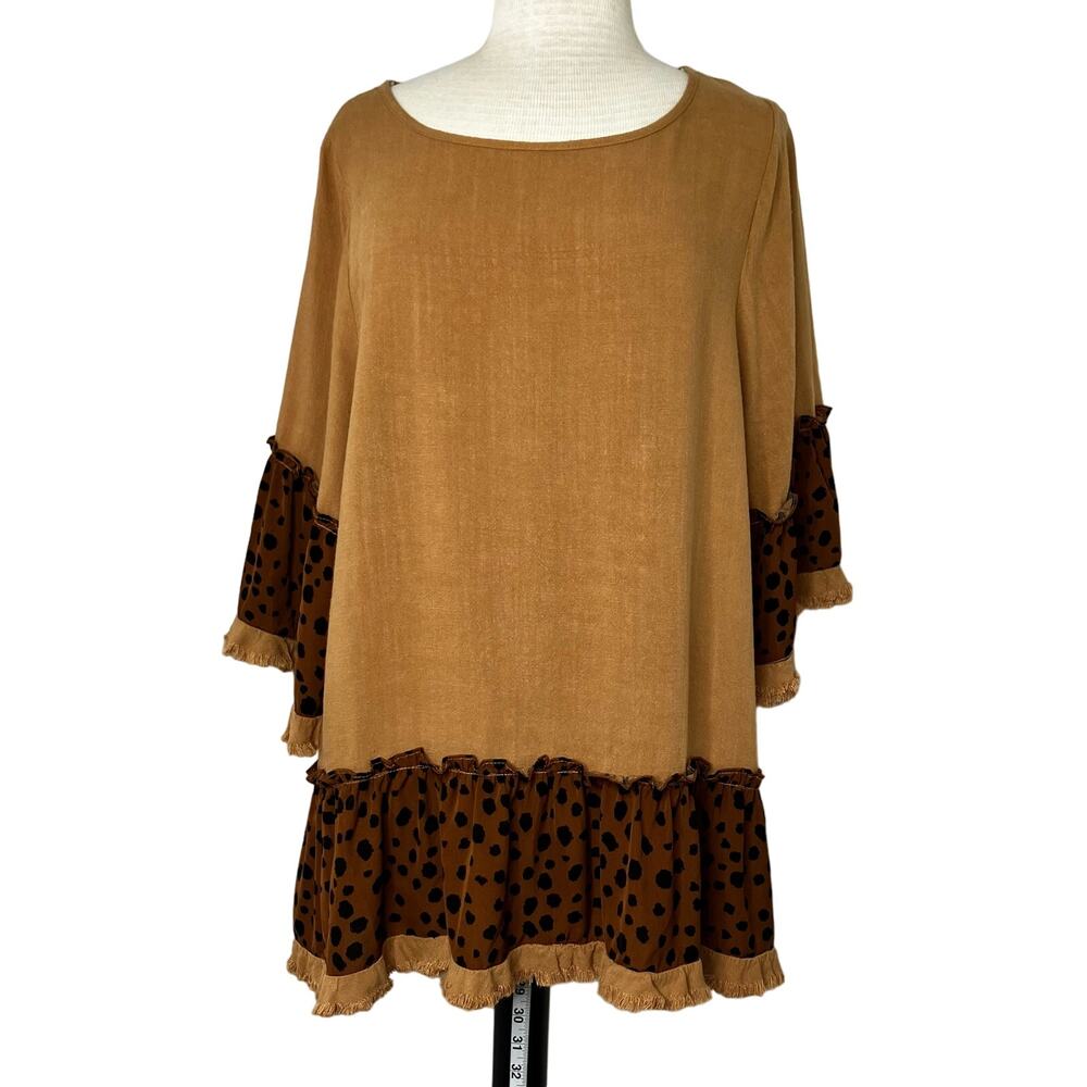 UMGEE Top Womens Brown Black Animal Print SZ S Linen/Cotton Boho Cottagecore NWT
